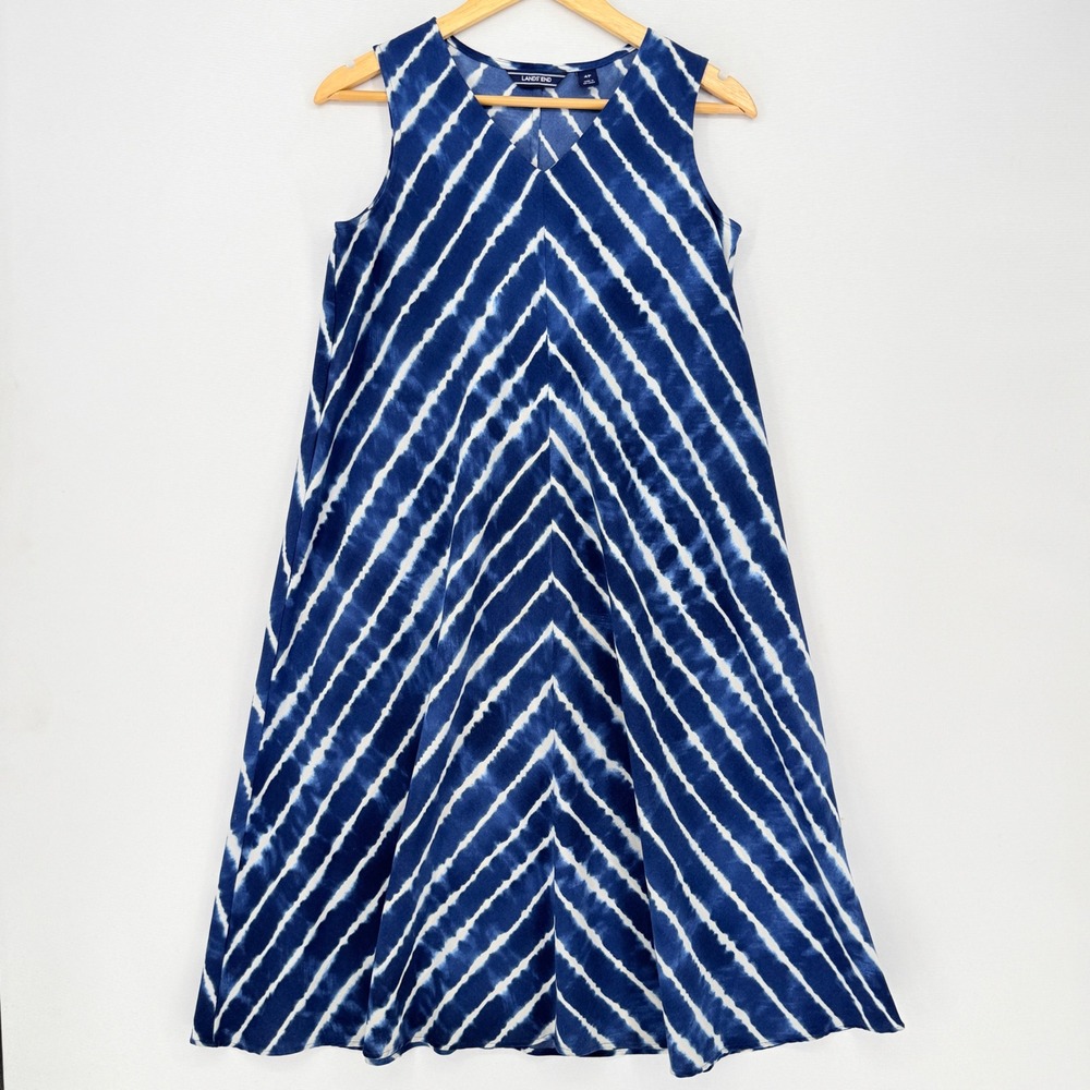 Lands End Midi Dress Womens 4 Petite Blue Tie Dye Chevron Coastal Beach Nautical